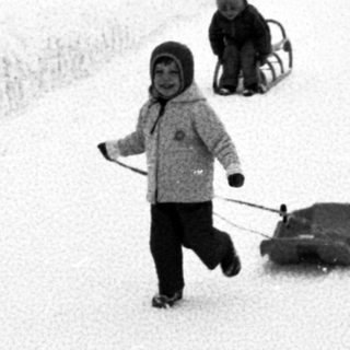 Children sledding down snowy hill.