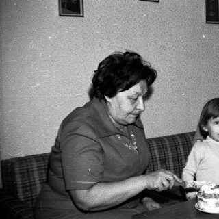 Family sharing birthday cake indoors.