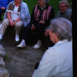Group gathers around evening campfire in backyard.