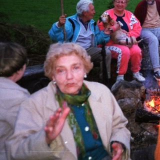 Group gathers around evening campfire in backyard.