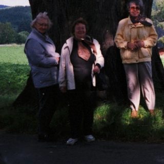 Three people standing near a large tree in rural countryside.