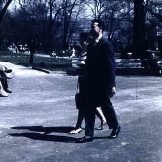 Couple walking in park on sunny day.