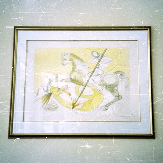 Abstract ink and watercolor composition of stylized figures.