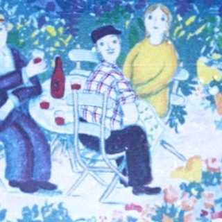 Family picnic scene with wine and flowers.