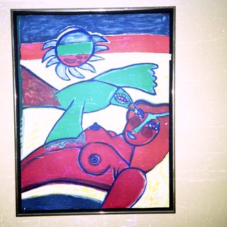 Abstract art: vibrant sun, stylized bird, geometric shapes.