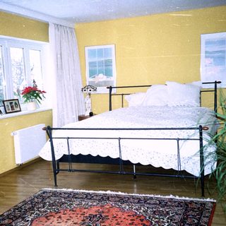 Cozy bedroom with twin beds, rug, plants, and yellow walls.