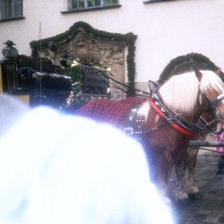 Horse-drawn carriage with passengers in winter setting.