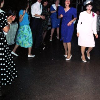 Formal dance party with 1950s-style attire.