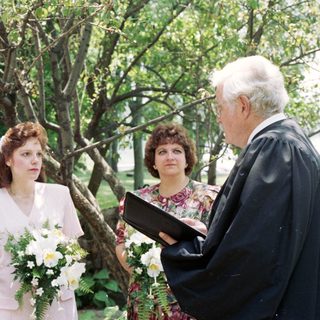 Wedding ceremony with bride, groom, officiant, and witnesses.