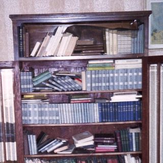 Overcrowded room with bookshelves and scattered books.
