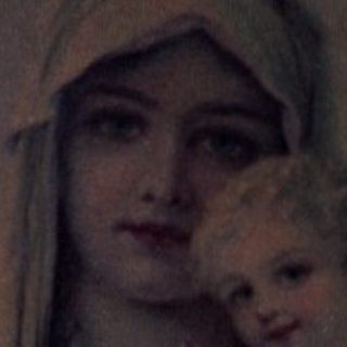 "Religious painting of Virgin Mary holding baby Jesus."