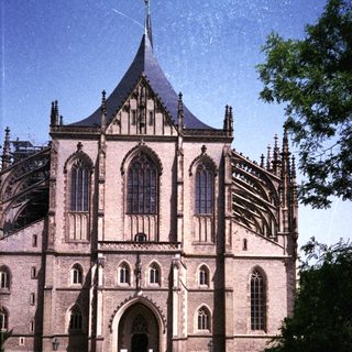 Gothic cathedral with grand entrance and colorful garden.