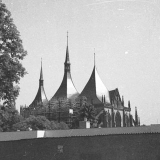 Distinctive modern cathedral with pointed spires.