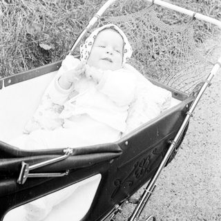 Baby in vintage pram on grassy path.