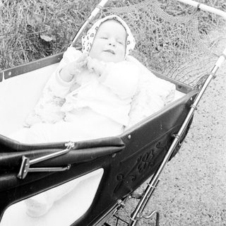 Baby in vintage pram on grassy path.