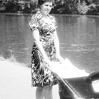 A woman pushes a baby stroller near water with a swan.