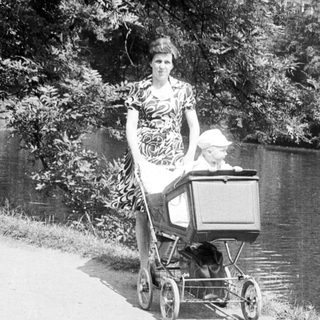 Woman pushing baby buggy by lake.