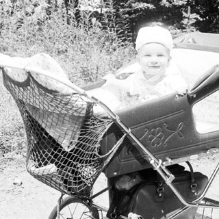 Baby in vintage pram on forest path.