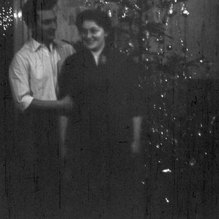 Two people standing near a decorated Christmas tree indoors.