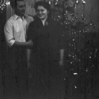 Two people standing near a decorated Christmas tree indoors.