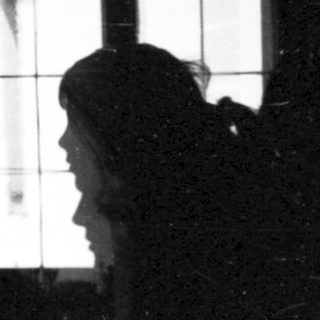 Silhouette of person looking through arched window.