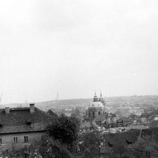 Historic town view with church tower.