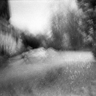 Blurry street scene with falling snow.