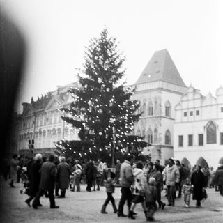 Christmas market scene with decorated tree and historic building.