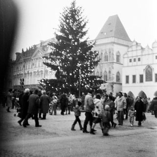 Christmas market scene with decorated tree and historic building.