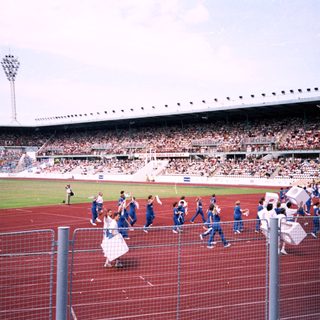 Celebratory moment at a large stadium match.