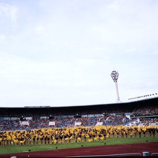 Massive stadium crowd with coordinated marching band.