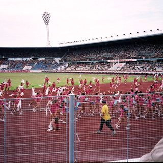 Massive stadium crowd celebrating with red scarves.