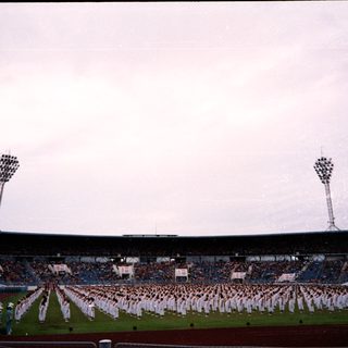 Large stadium crowd watching military parade formation.
