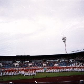 Large stadium crowd watching ceremonial march.