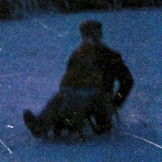 Person sledding across snow-covered field at dusk.