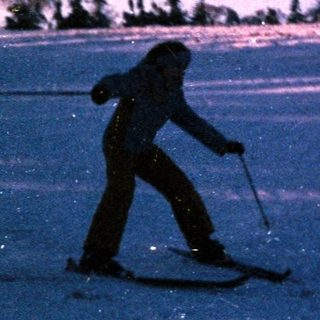 Silhouette of skier on snow at dusk.