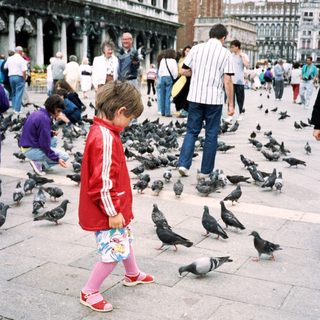 Child feeding pigeons in historic city square.