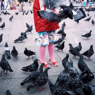 Child feeding pigeons in a historic square.