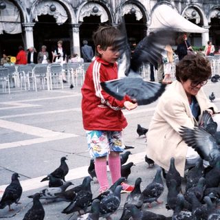 People feeding pigeons in a historic square.