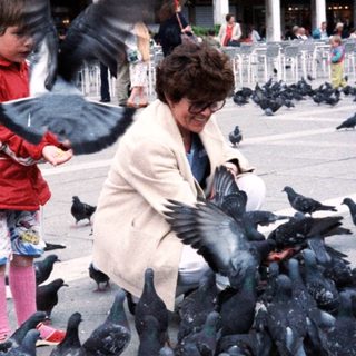 People feeding pigeons in a historic square.