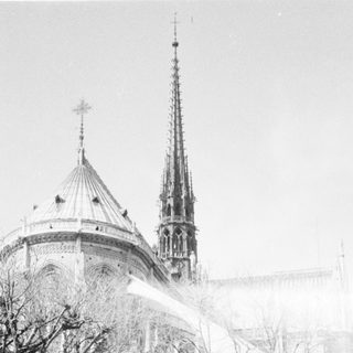 Historic cathedral with Gothic spires in foggy setting.