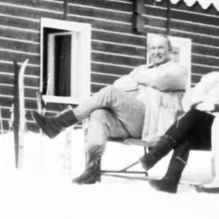 Winter scene at a mountain lodge.