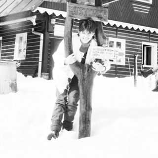 Winter scene at a mountain lodge.