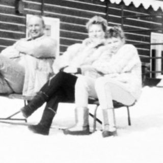 Winter scene at a mountain lodge.