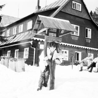 Winter scene at a mountain lodge.