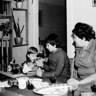 Family gathering around table with children playing with toy.