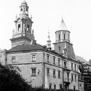 Historic building with twin towers and classical architecture.