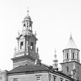 Historic building with twin towers and classical architecture.