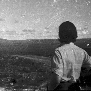 Person gazes at vast, rugged desert landscape.