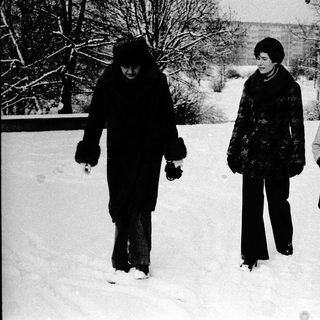 Three people walking in snow-covered outdoor setting.